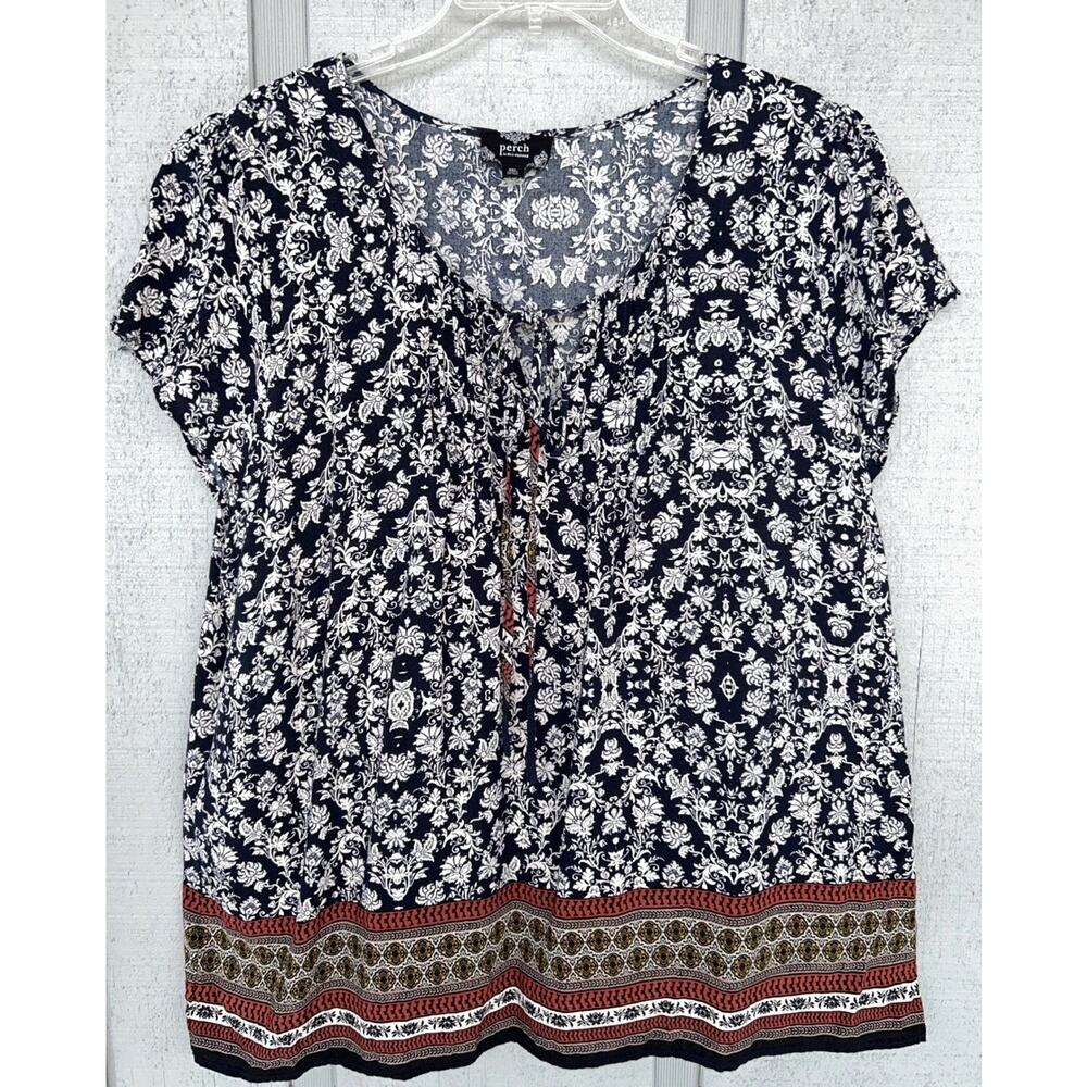 Blu Pepper Navy and White Floral Border Print Blouse
